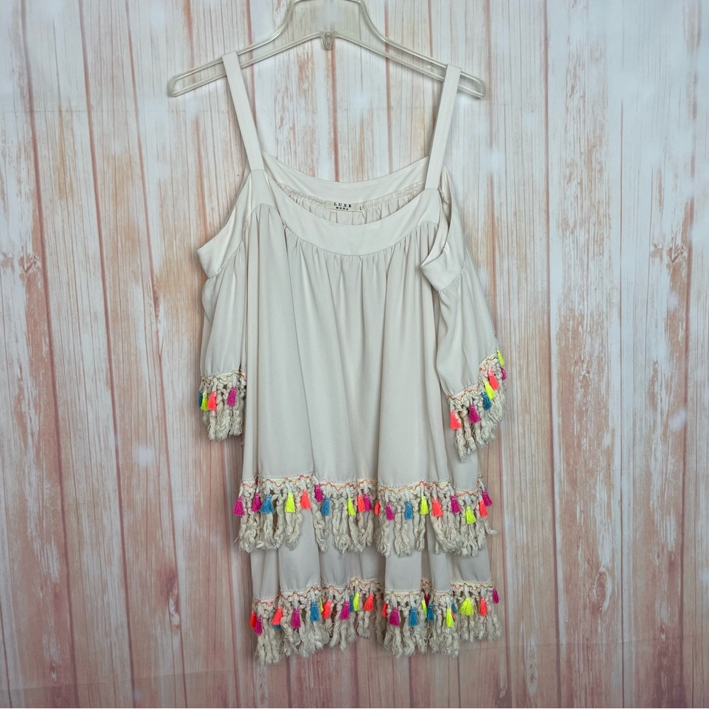 Luxe Moda Boho Tassel Fringe Tiered Blouse (L)